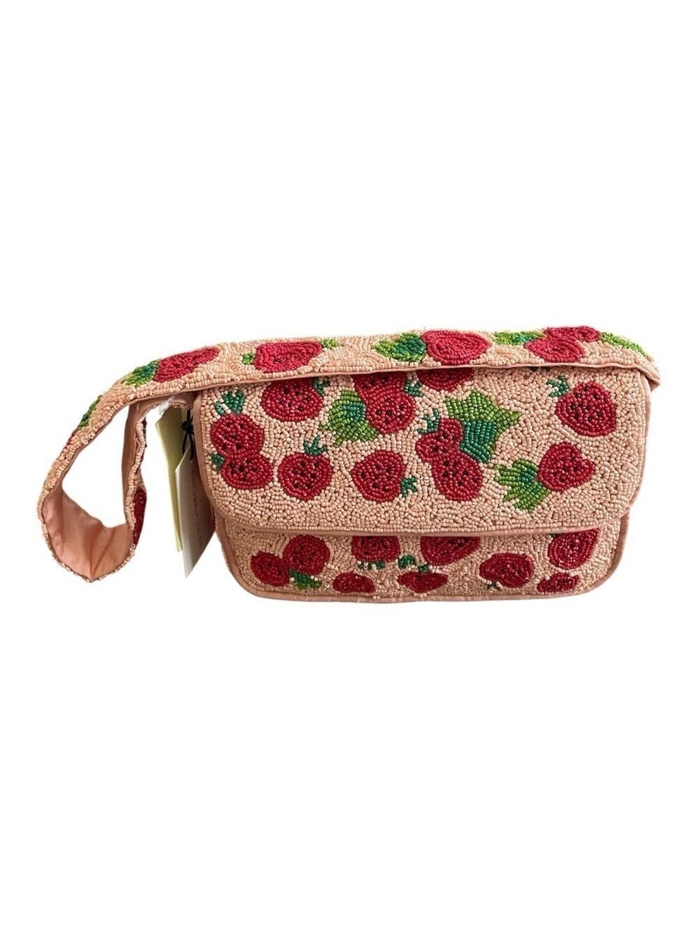 Sincerely Jules Beaded Purse, Hand-beaded Red Strawberries on a Pink Background.